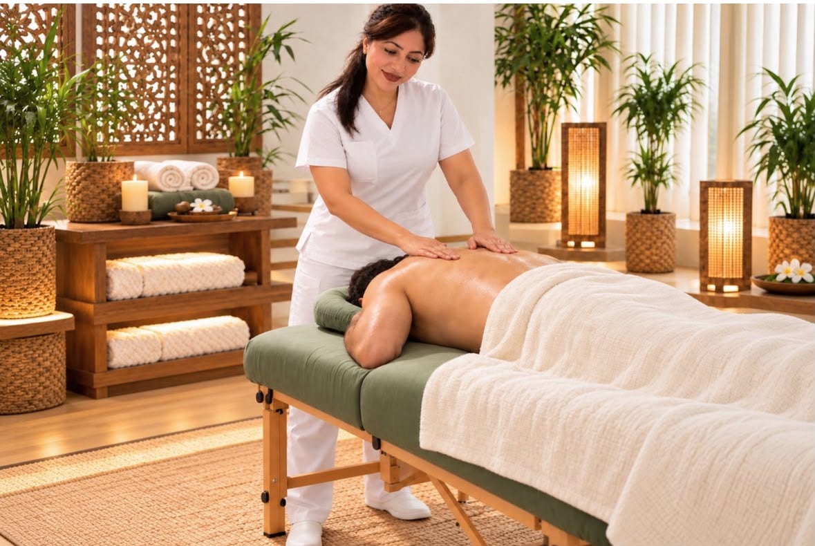 Terapeuta de Harmony Massage realizando un masaje relajante en una cabina con luz cálida