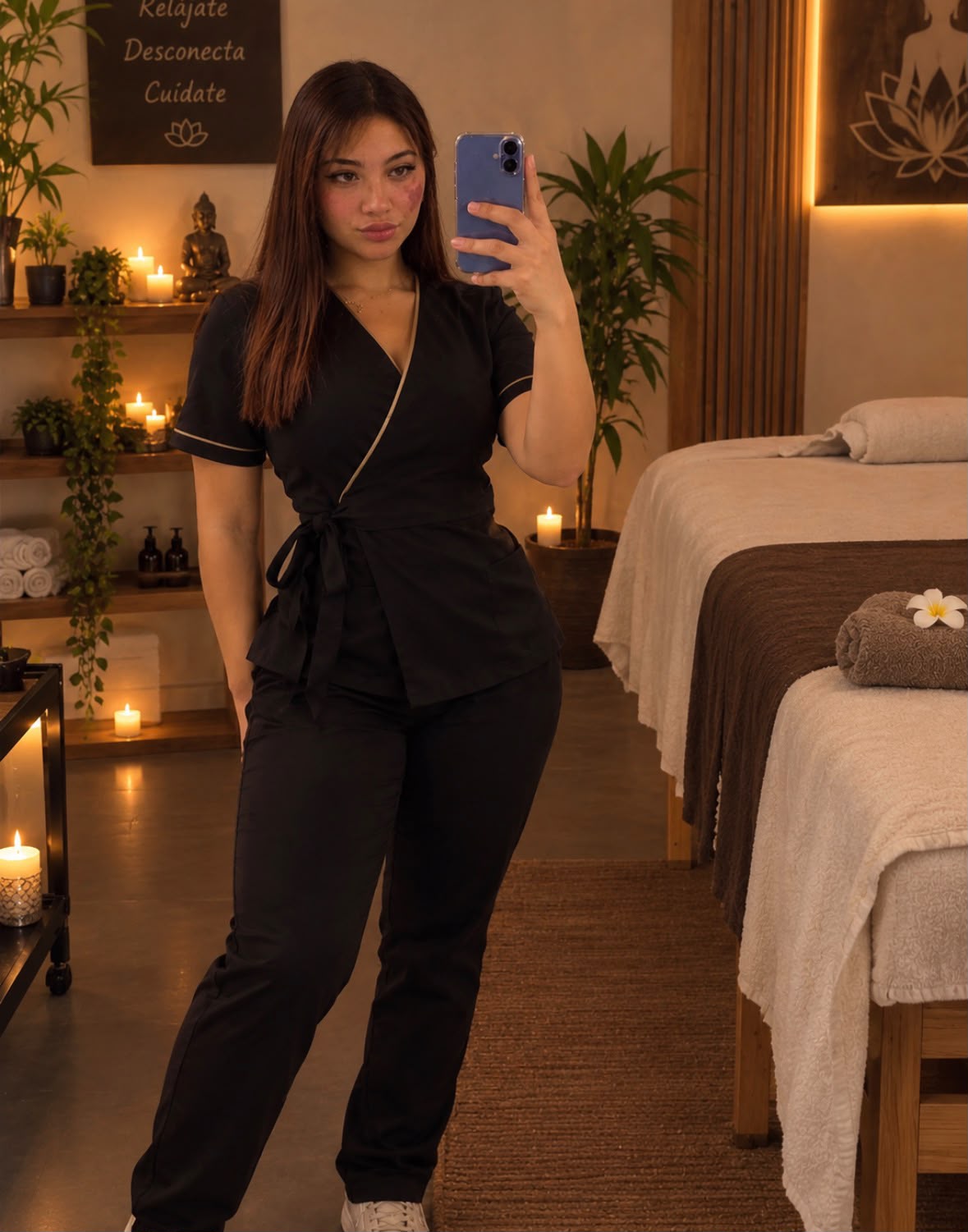 Cabina de Harmony Massage con camillas, velas y plantas