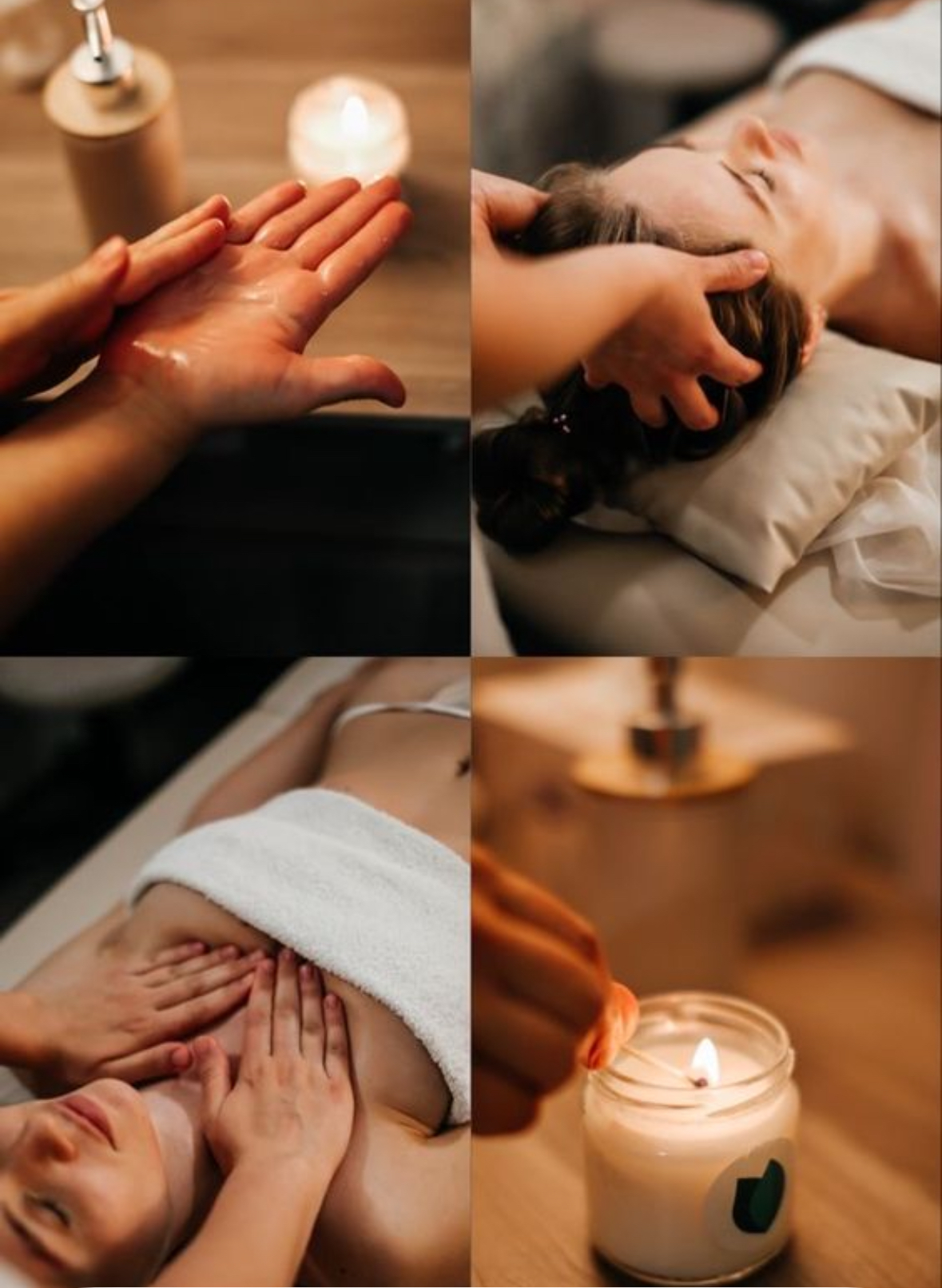 Detalles de un ritual de masaje: aceite en las manos, masaje craneal y velas encendidas